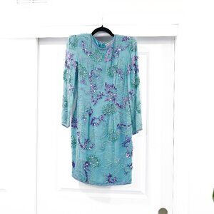 Vintage AJ Bari Size Small Petite 100% Silk Sequin Aqua Long Sleeve Dress